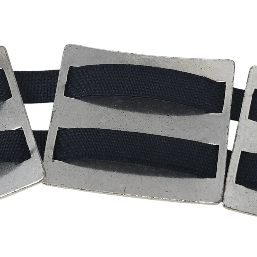 Vtg Silver Tone Belt Womens 2X Metal Squares Elastic Stretch Heavy Artsy Boho‎